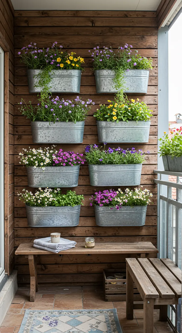 Pared de madera en un balcón cubierta con jardineras de zinc horizontales llenas de flores de colores.