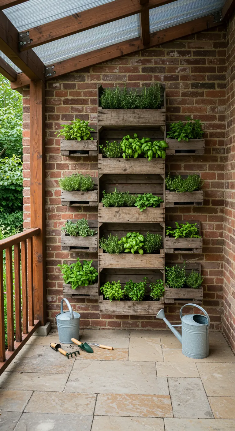 Pared de ladrillo con un jardín vertical hecho de cajas de madera llenas de hierbas aromáticas.