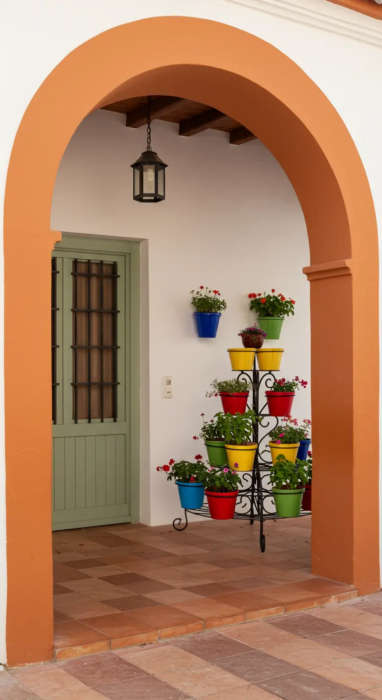 Soporte de forja con múltiples macetas de colores vivos dentro de un porche con arco.
