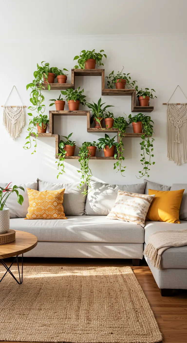 Estanterías flotantes de cajas de madera formando una composición asimétrica con plantas colgantes.