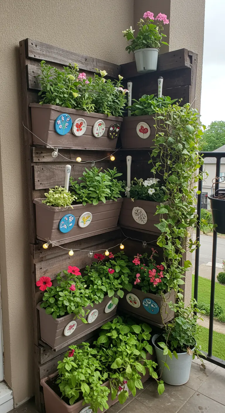 Jardín vertical hecho con un palé en un balcón, lleno de jardineras con flores de colores.
