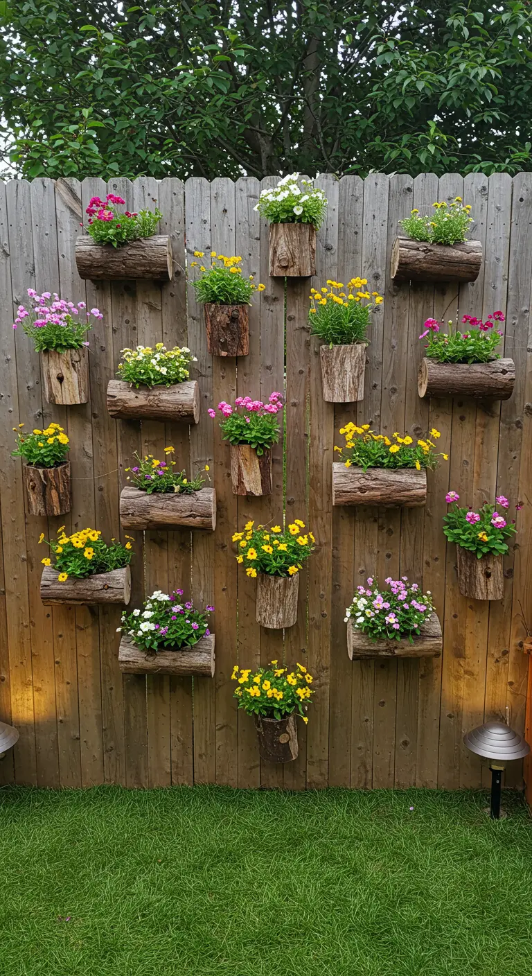 Valla de madera decorada con múltiples maceteros hechos de troncos con flores de colores