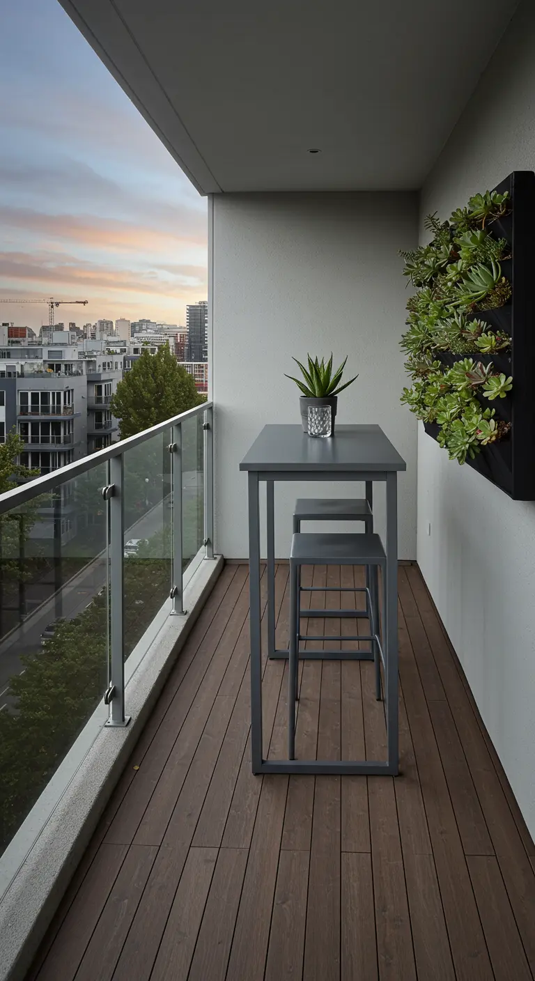 Balcón estrecho con suelo de madera, mesa alta metálica y un jardín vertical de suculentas