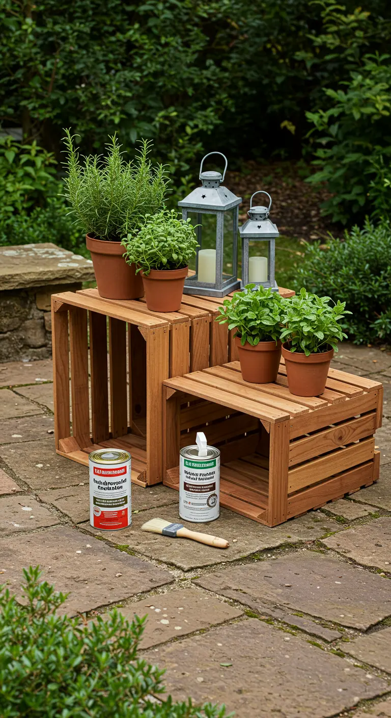 Cajas de madera apiladas en un patio de piedra, usadas como soporte para macetas.