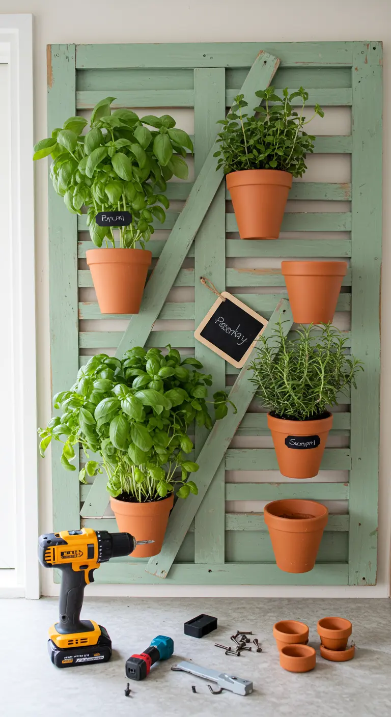 Persiana de madera pintada de verde y reutilizada como soporte para un jardín vertical de hierbas