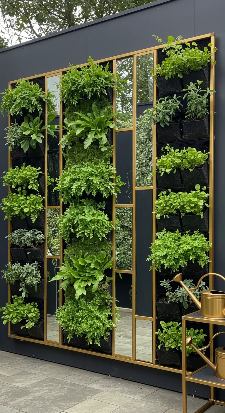 Jardín vertical con un marco dorado que combina paneles de espejo y plantas verdes frondosas.