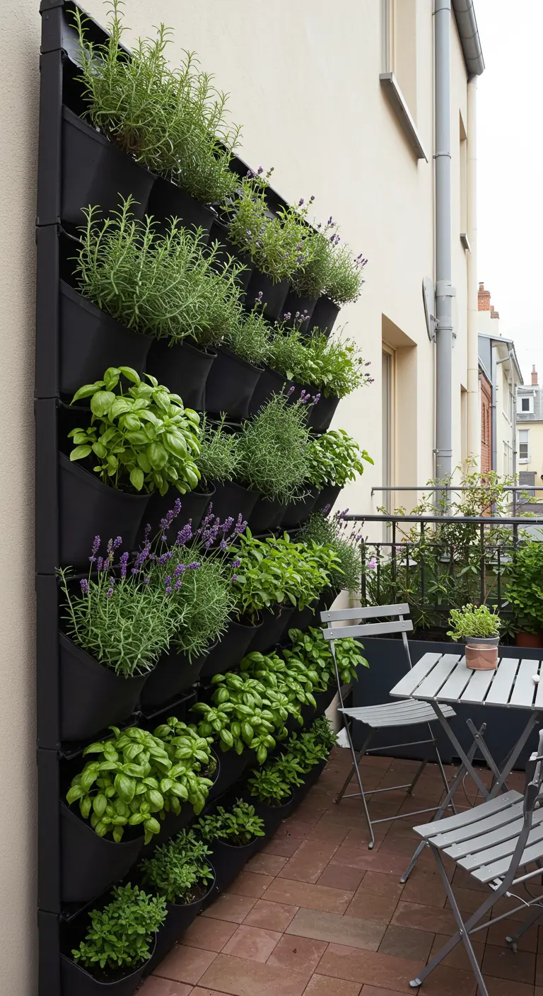 Jardín vertical en la pared de un balcón con bolsillos negros llenos de romero, lavanda y albahaca
