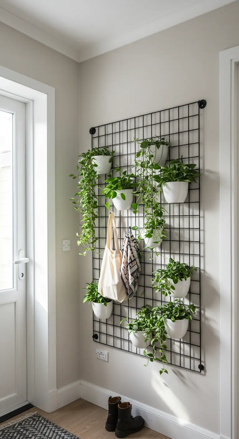 Rejilla metálica negra en la pared con macetas colgantes y un bolso.