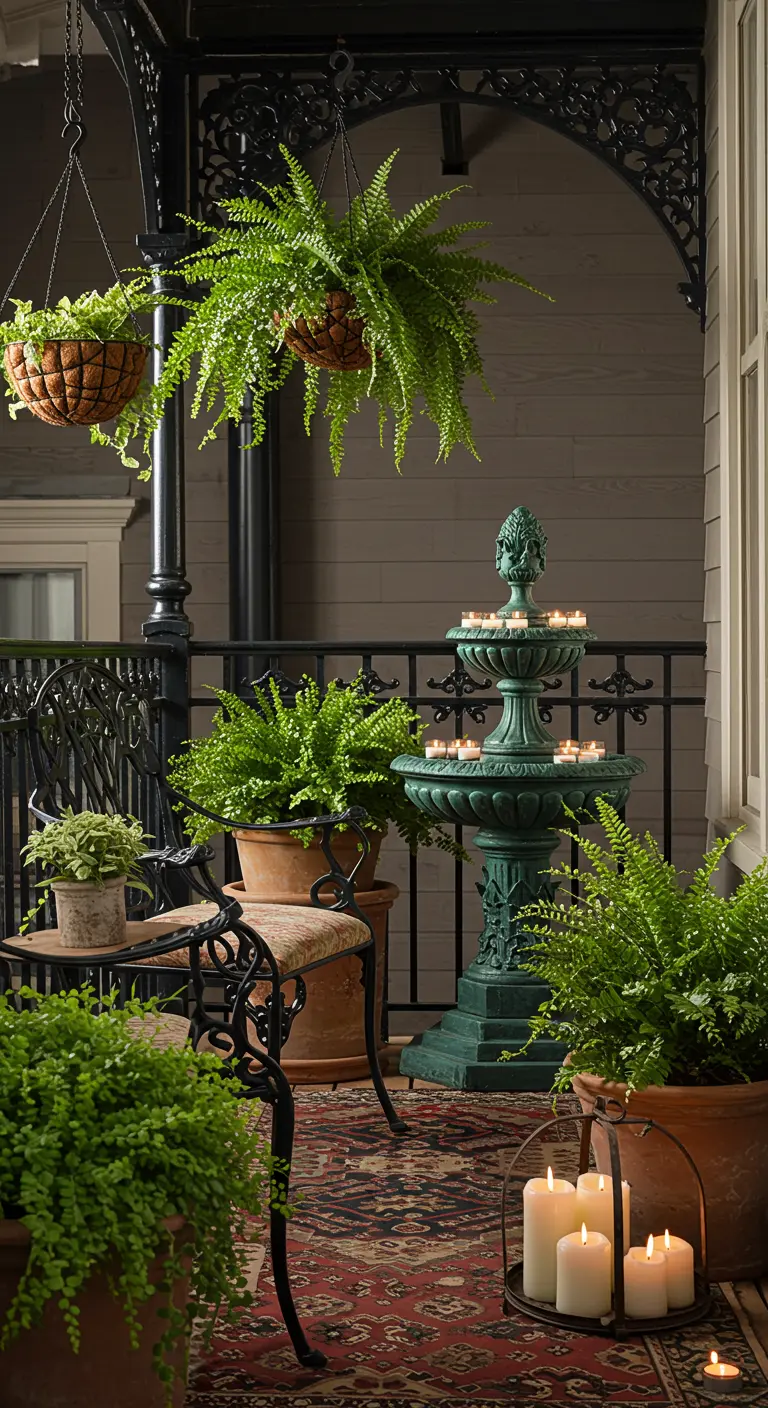 Balcón de estilo victoriano con muebles de hierro forjado, helechos abundantes y una fuente de pedestal verde