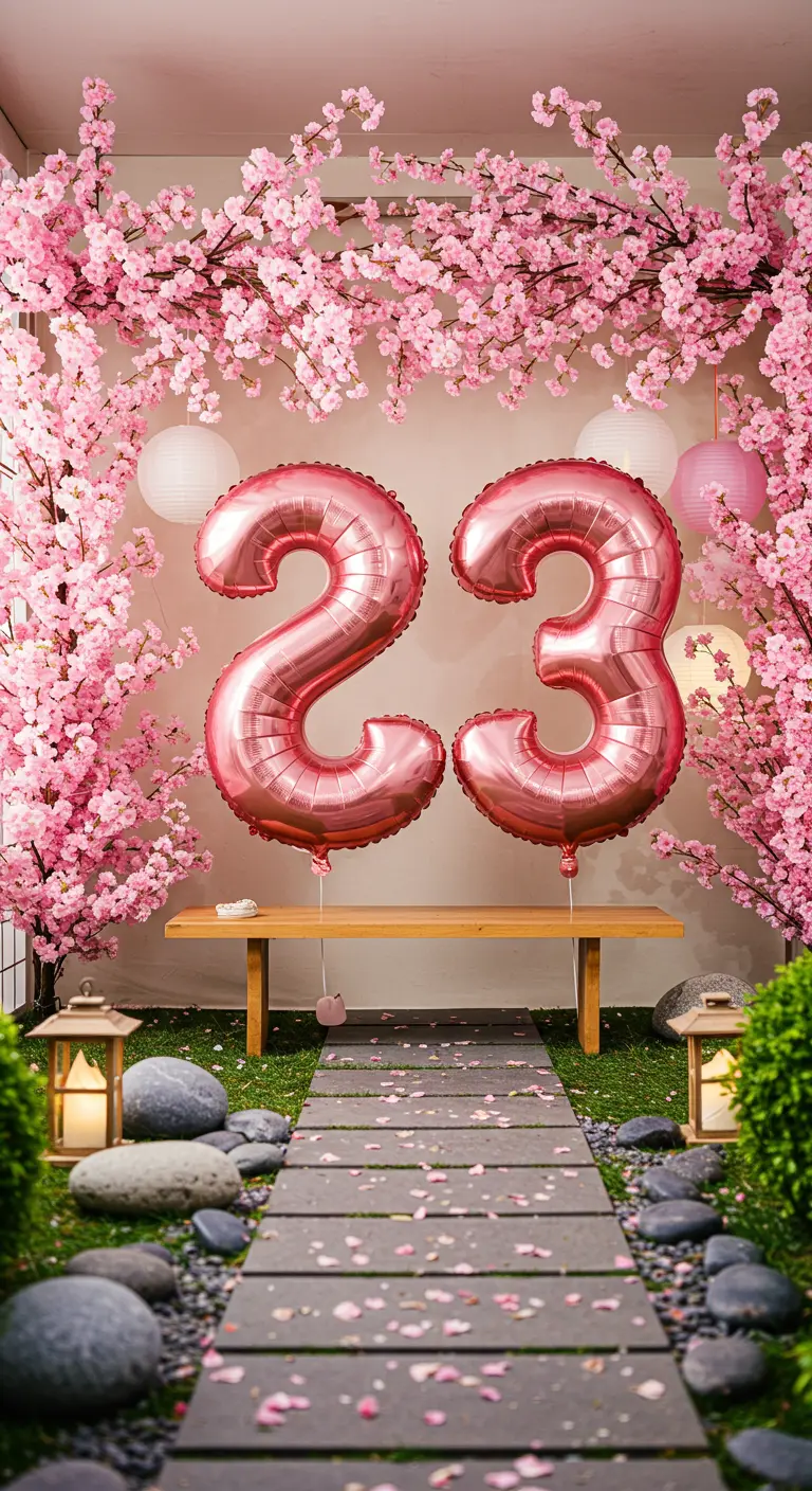 Globos rosas del número 23 en un jardín japonés con flores de cerezo y farolillos.