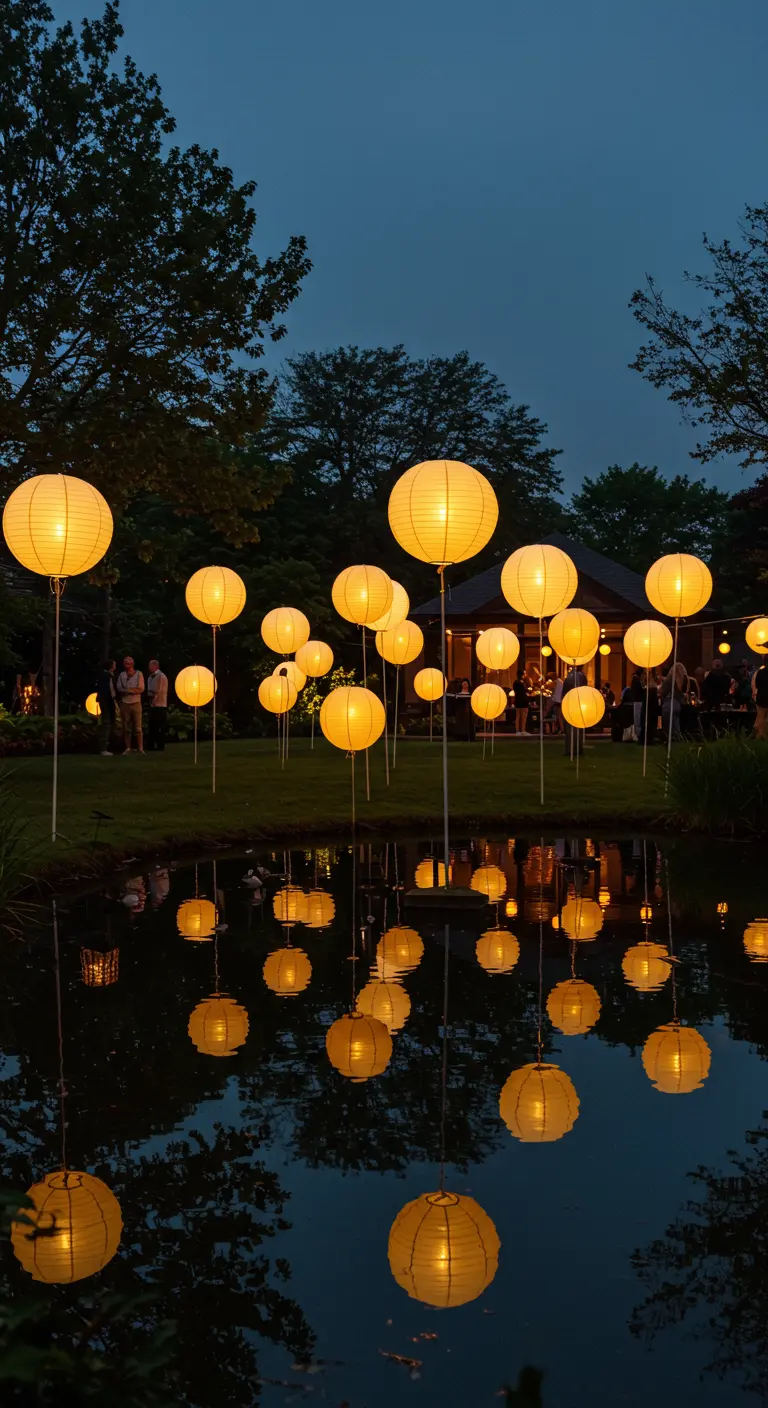 Jardín con un estanque que refleja la luz de muchas linternas amarillas en postes.