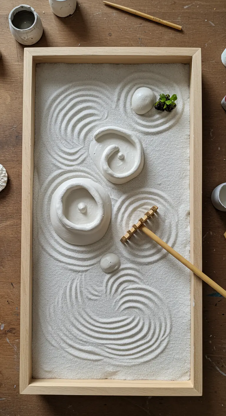 Jardín zen de sobremesa en una bandeja de madera con arena blanca y figuras de yeso
