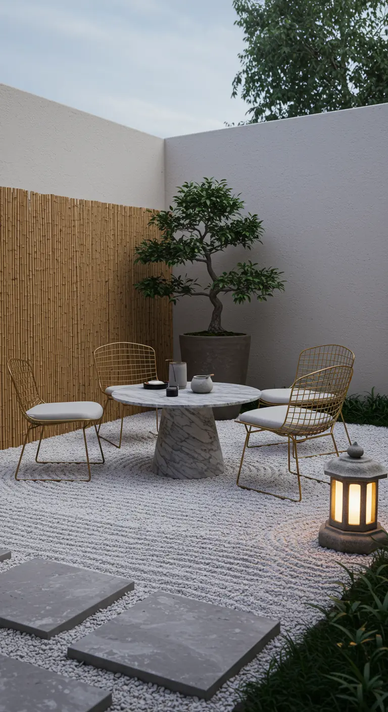 Patio minimalista de estilo zen con mesa redonda de mármol y sillas de alambre doradas