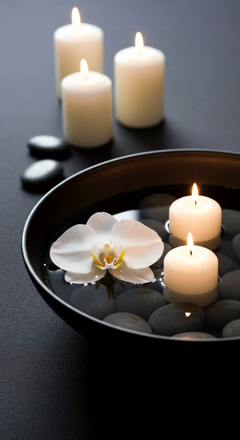 Cuenco negro con piedras de río, una orquídea blanca y dos velas flotantes encendidas.