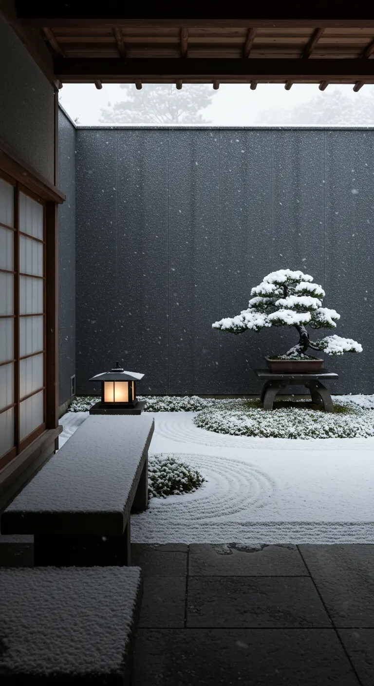 Patio minimalista japonés cubierto de nieve con un bonsái, una lámpara de piedra y un banco.