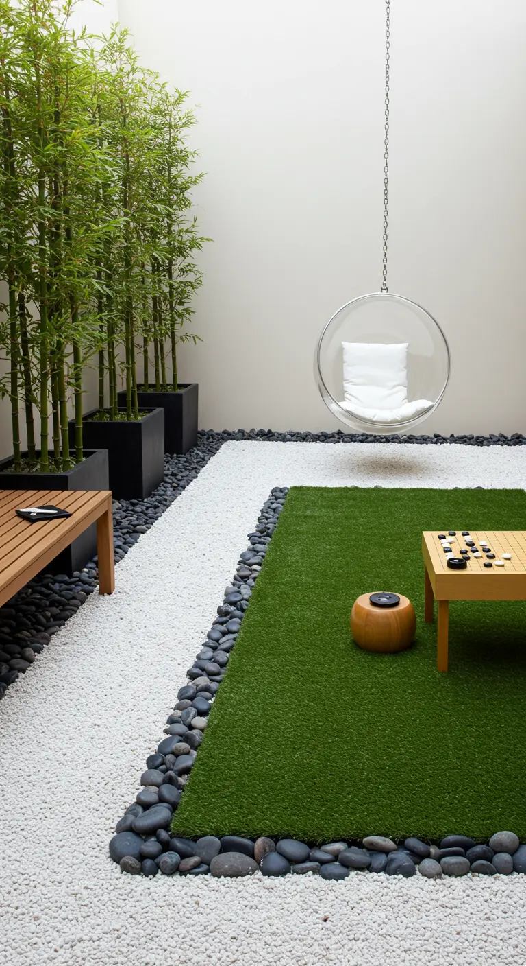 Patio de estilo zen con césped artificial, grava blanca, bambú y un columpio colgante transparente.