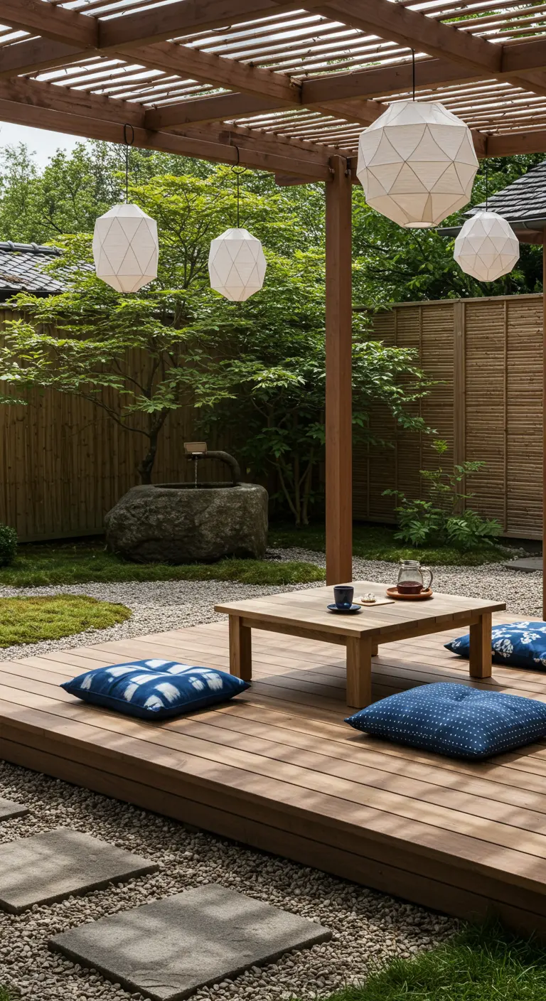 Patio de inspiración japonesa con faroles de papel geométricos y cojines en el suelo.