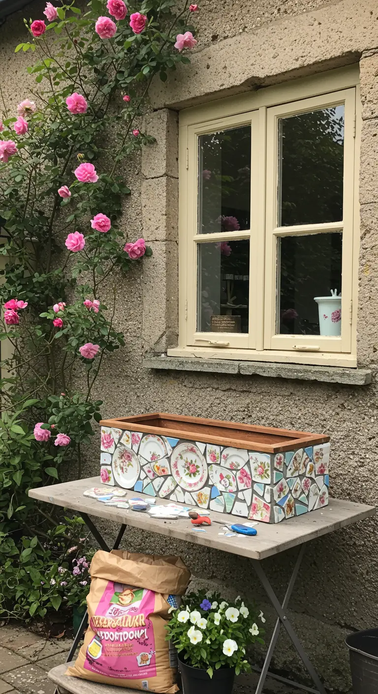 Jardinera de madera cubierta con un mosaico hecho de trozos de platos de porcelana con motivos florales.