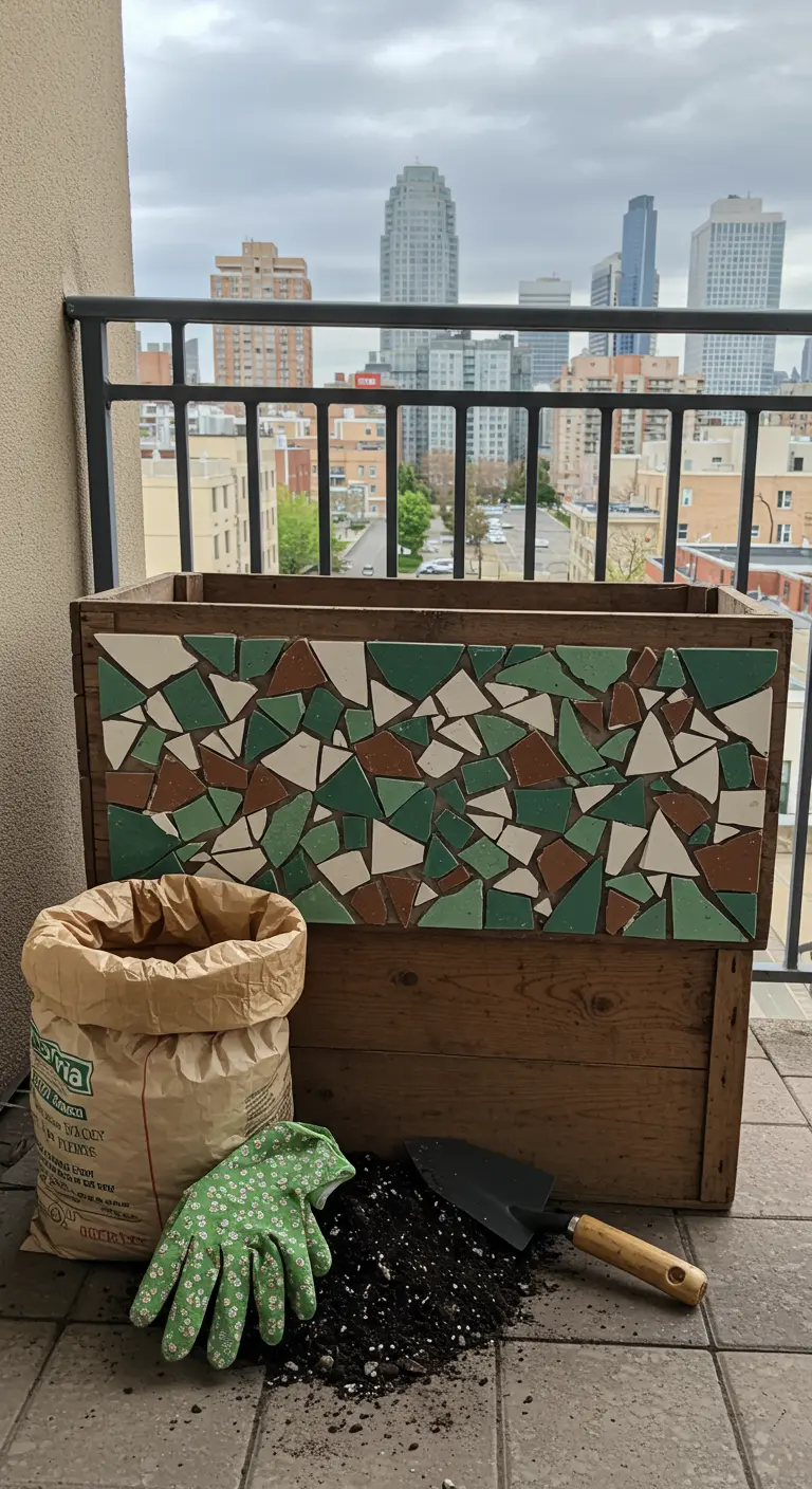 Jardinera de madera en un balcón, decorada con un mosaico de azulejos rotos en verde, marrón y blanco.
