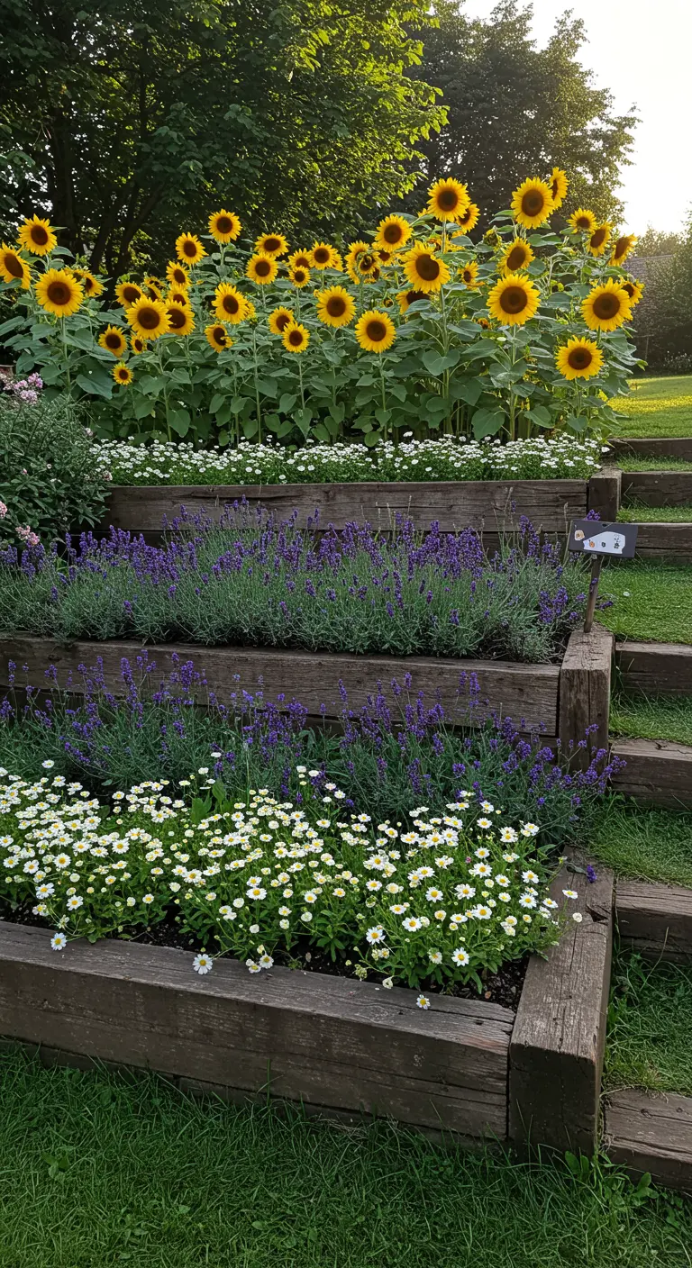 Bancales de jardín escalonados hechos con traviesas de madera, plantados con margaritas, lavanda y girasoles.