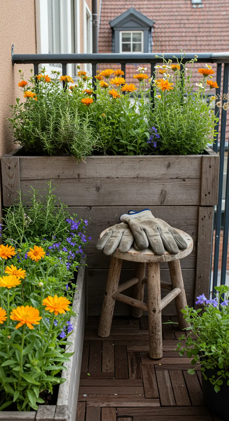 Jardineras altas de madera envejecida en un balcón, llenas de flores de caléndula y lobelia.
