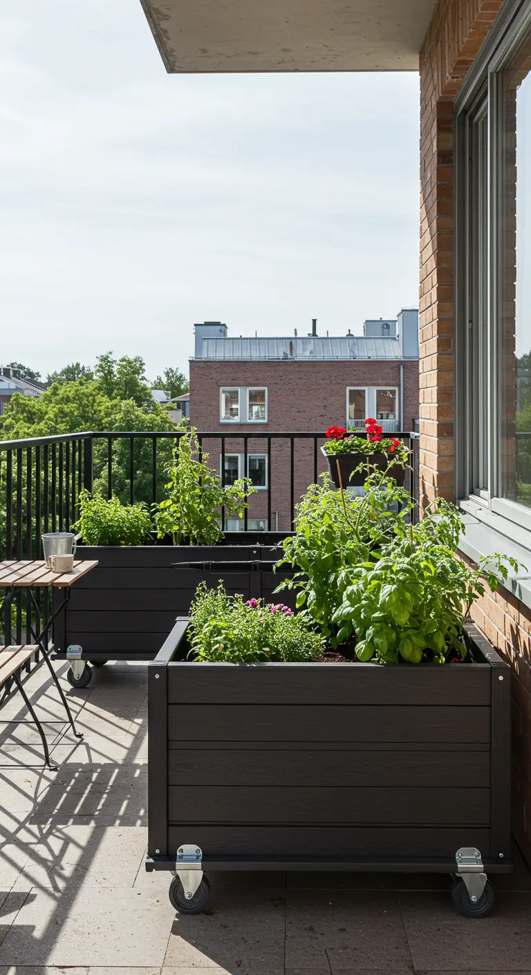 Jardineras de madera oscura con ruedas en un balcón con barandilla metálica.