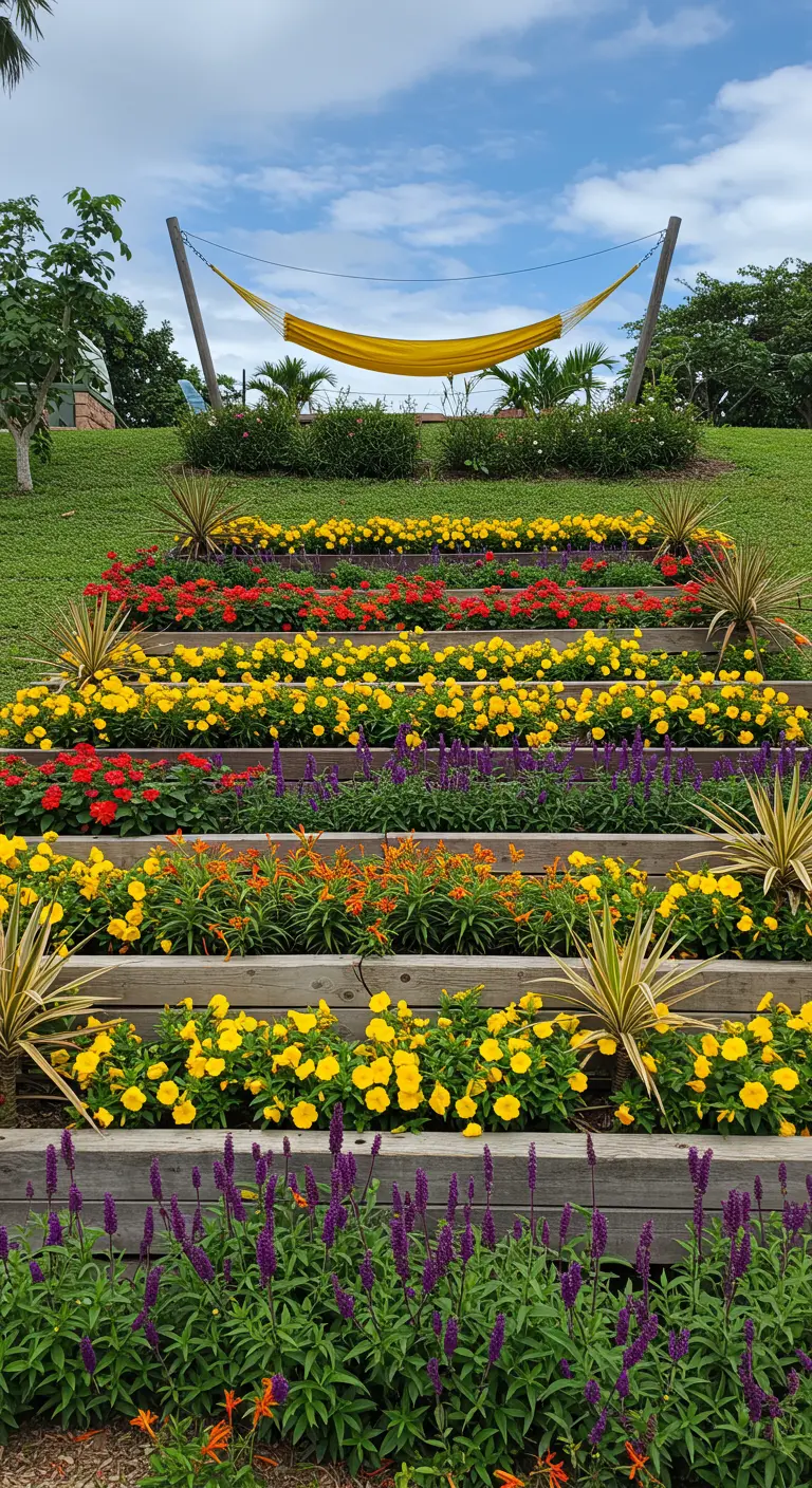 Jardín en pendiente con bancales de madera llenos de flores y una hamaca amarilla en la parte superior.