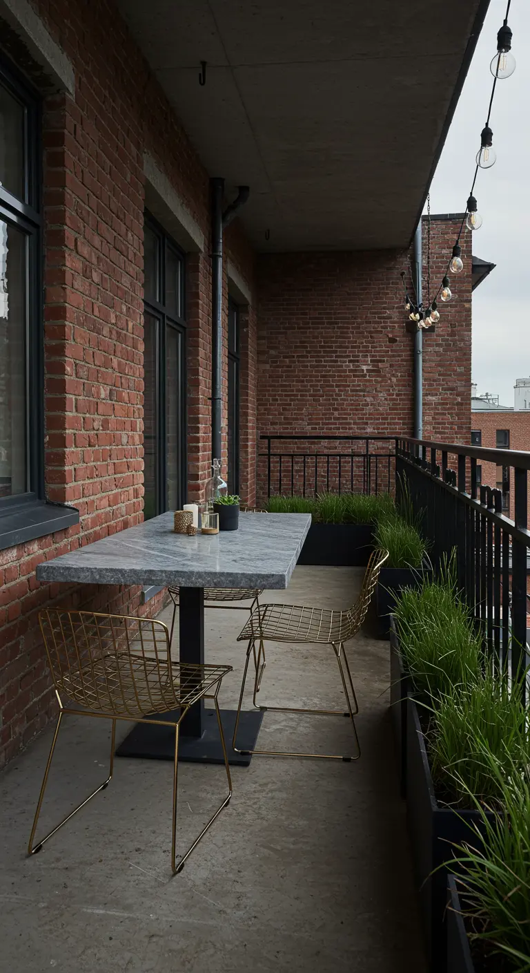 Balcón industrial con paredes de ladrillo, jardineras negras y una mesa de mármol gris