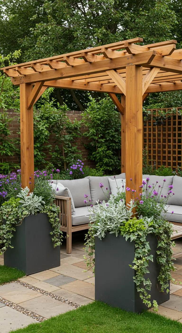 Pérgola de madera con un sofá gris claro, flanqueada por dos grandes jardineras oscuras.