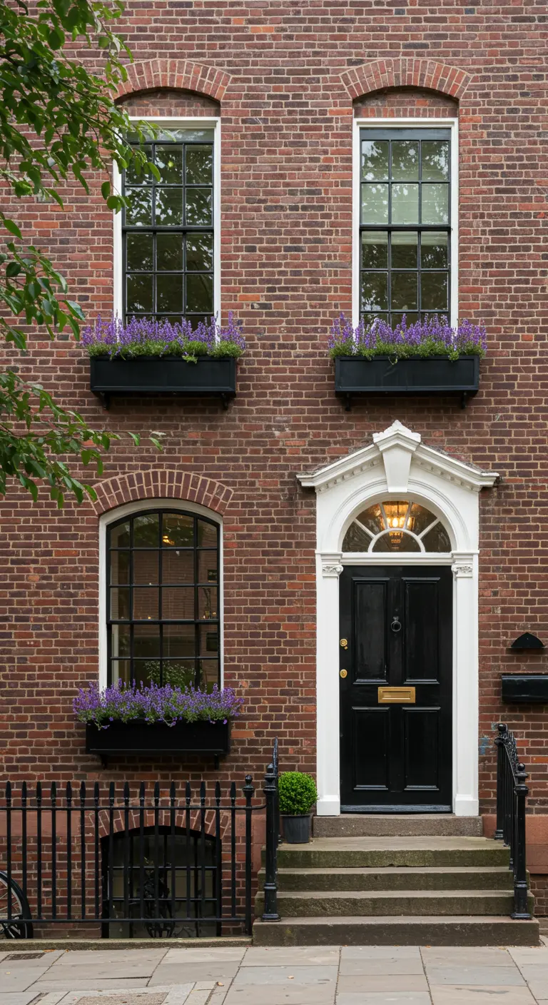 Fachada de ladrillo con jardineras negras en las ventanas llenas de flores de lavanda.