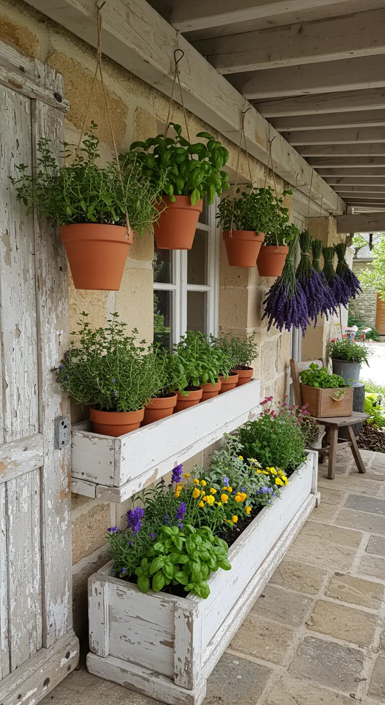 Porche rústico con jardineras de madera blanca desgastada y macetas colgantes con hierbas aromáticas.