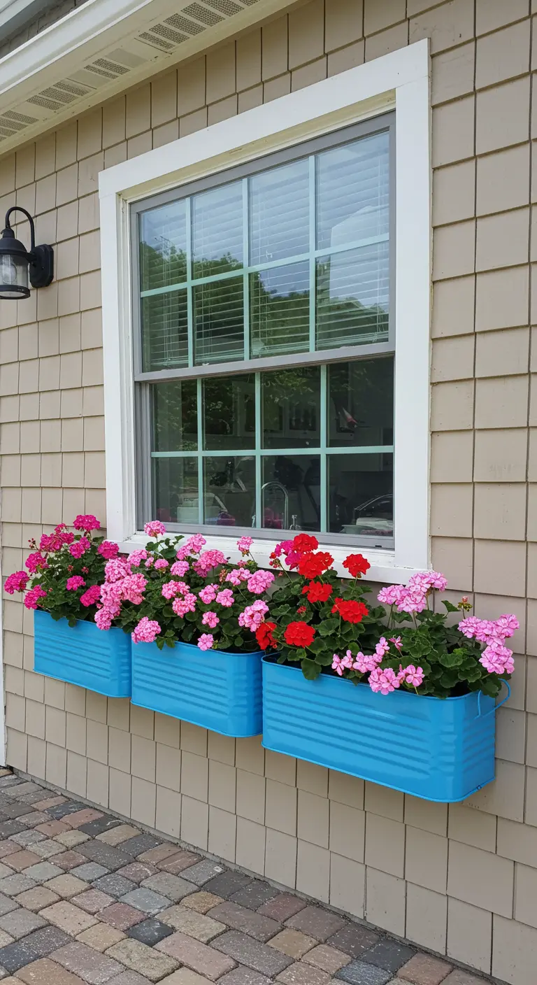 Tres jardineras metálicas rectangulares de color azul vivo, llenas de geranios bajo una ventana.