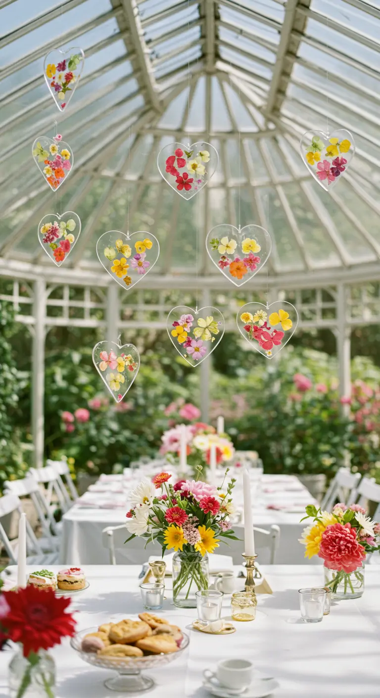 Corazones de acrílico transparente rellenos de flores de colores colgando en un invernadero.