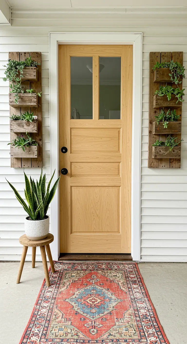 Entrada con dos jardineras verticales de madera reciclada flanqueando una puerta de madera clara.