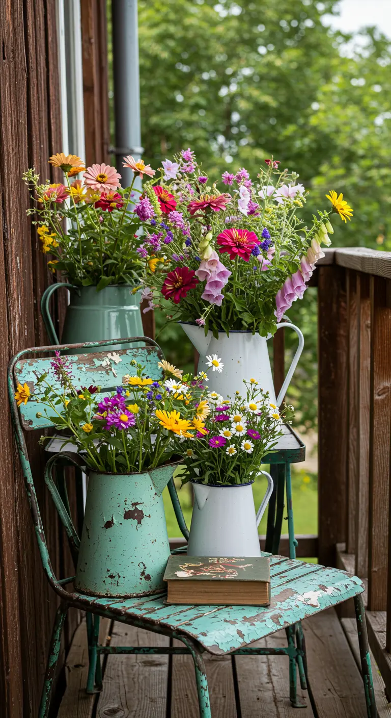 Silla de metal turquesa desgastada con varias jarras esmaltadas antiguas llenas de flores silvestres de colores.