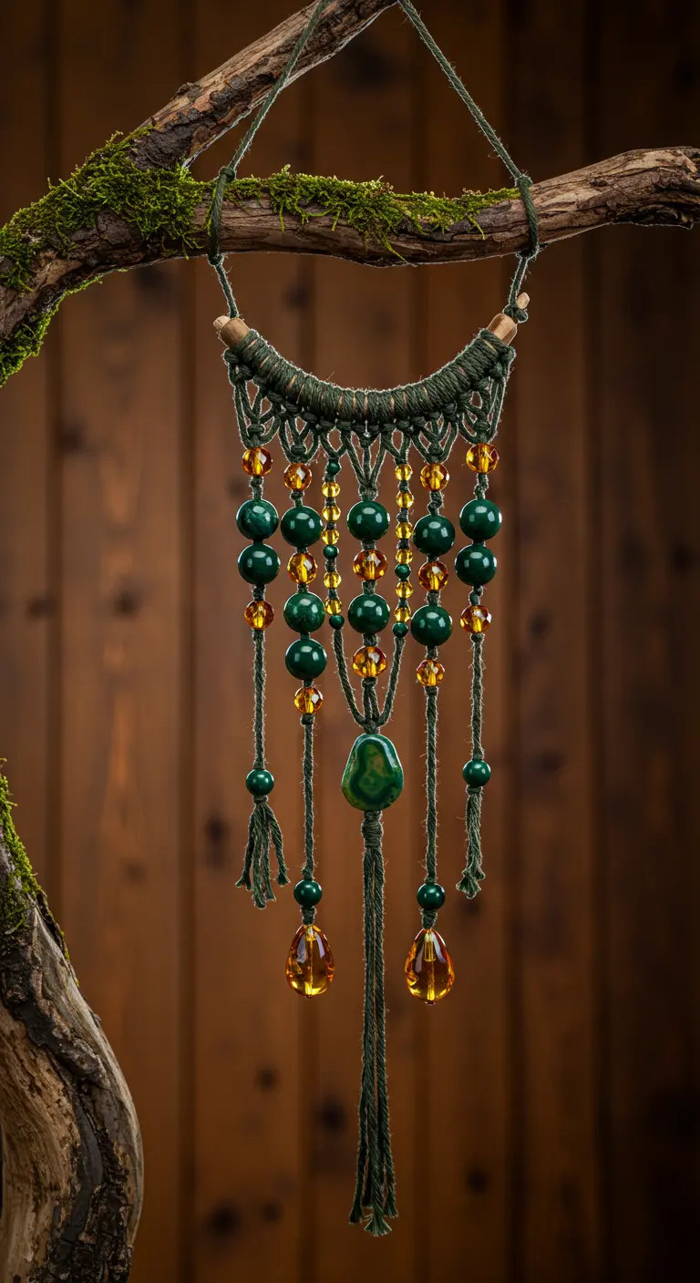 Tapiz de macramé verde oscuro con cuentas grandes verdes y ámbar, colgado en una rama.