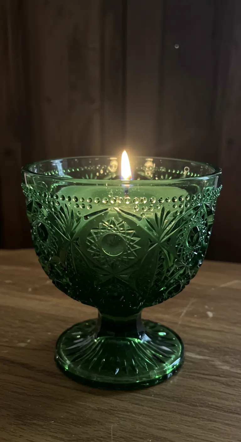 Vela encendida en un cuenco de cristal tallado verde esmeralda con pie