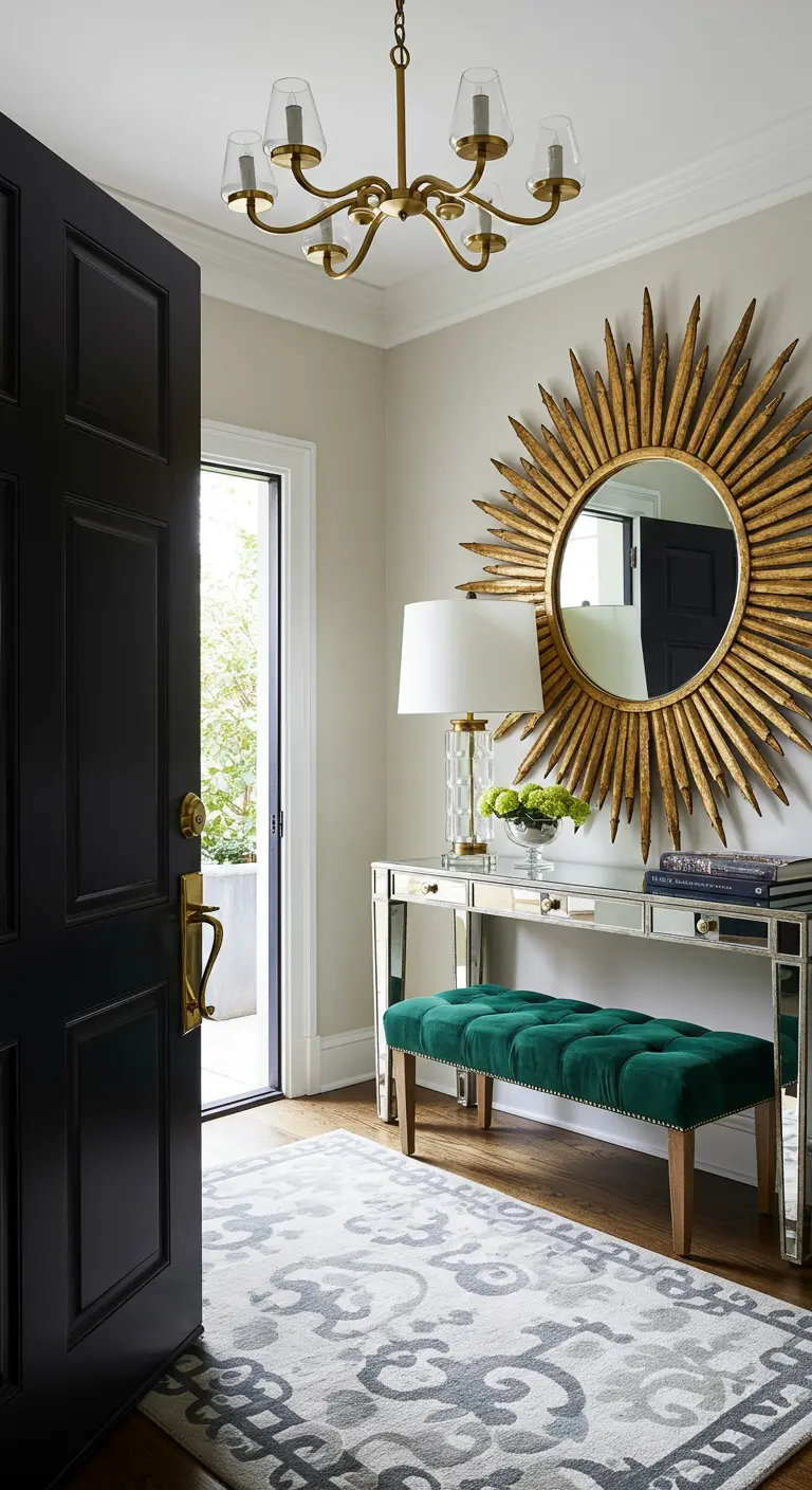 Recibidor luminoso con espejo de sol, consola de espejo y banco de terciopelo verde esmeralda.
