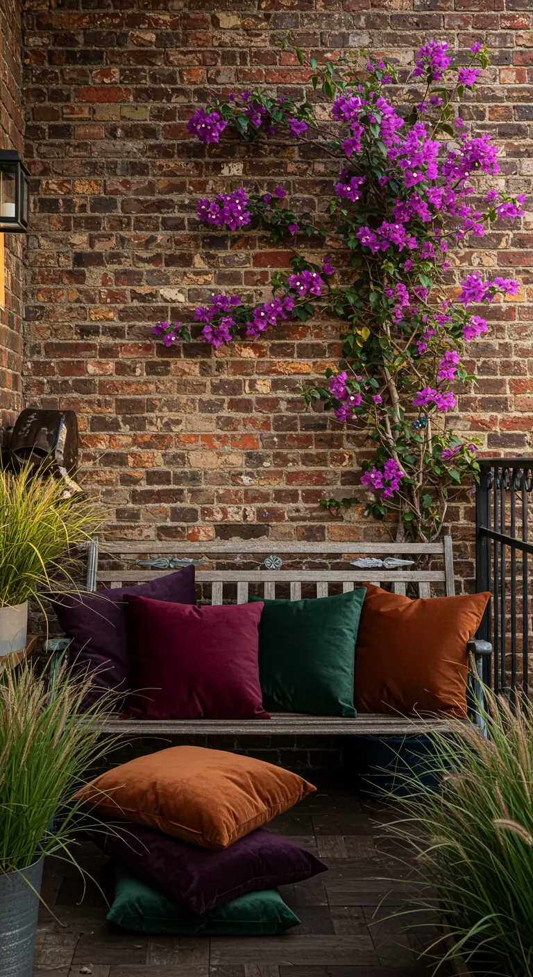 Banco de madera con cojines de terciopelo de colores contra una pared de ladrillo.