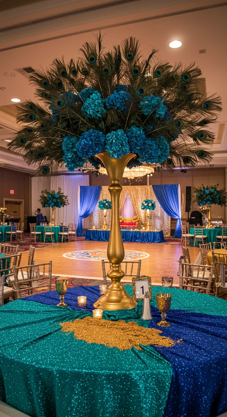 Centro de mesa con plumas de pavo real y flores azules sobre un mantel de lentejuelas turquesa y dorado.