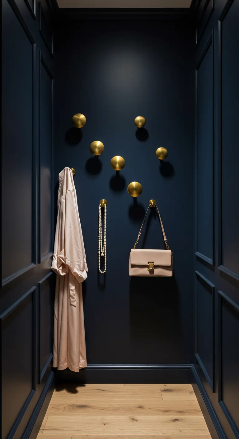 Ganchos redondos de latón dorado dispersos en una pared de color azul oscuro.