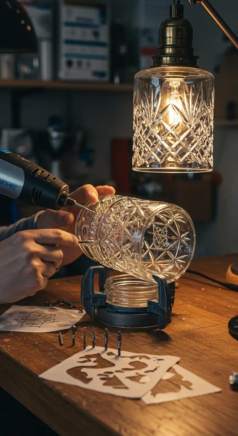 Persona usando una herramienta rotativa para grabar un patrón detallado en un frasco de vidrio grueso.