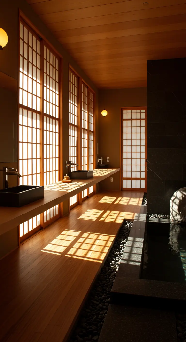 Baño largo y estrecho con ventanas de papel shoji y lavabos de piedra negra.