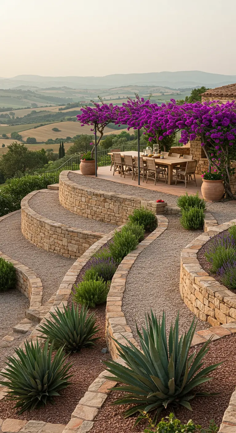 Jardín en terrazas con muros de piedra, caminos de grava y buganvillas con forma de árbol.