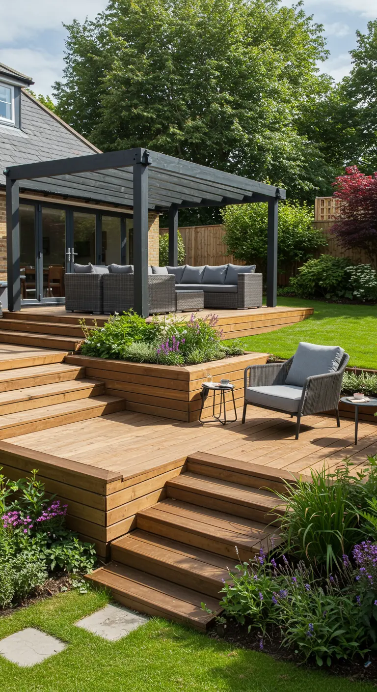 Jardín con una gran terraza de madera de varios niveles, con una pérgola y sofás grises en la parte superior.