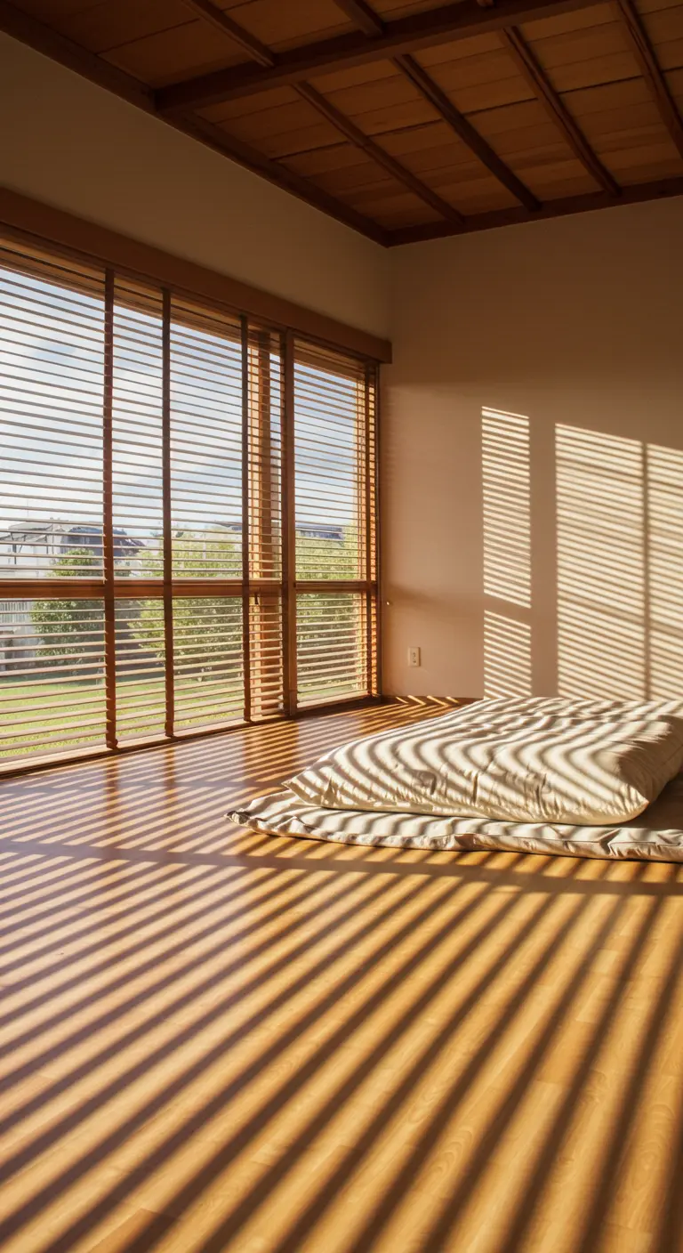 Futón en suelo de madera con dramáticas sombras proyectadas por persianas venecianas.