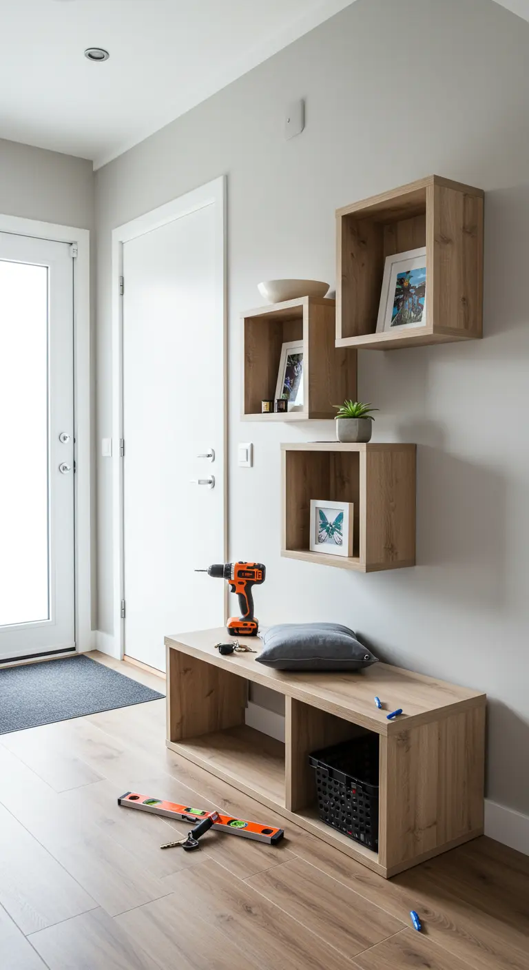 Conjunto de cubos de madera usados como banco bajo y estanterías de pared en un recibidor.