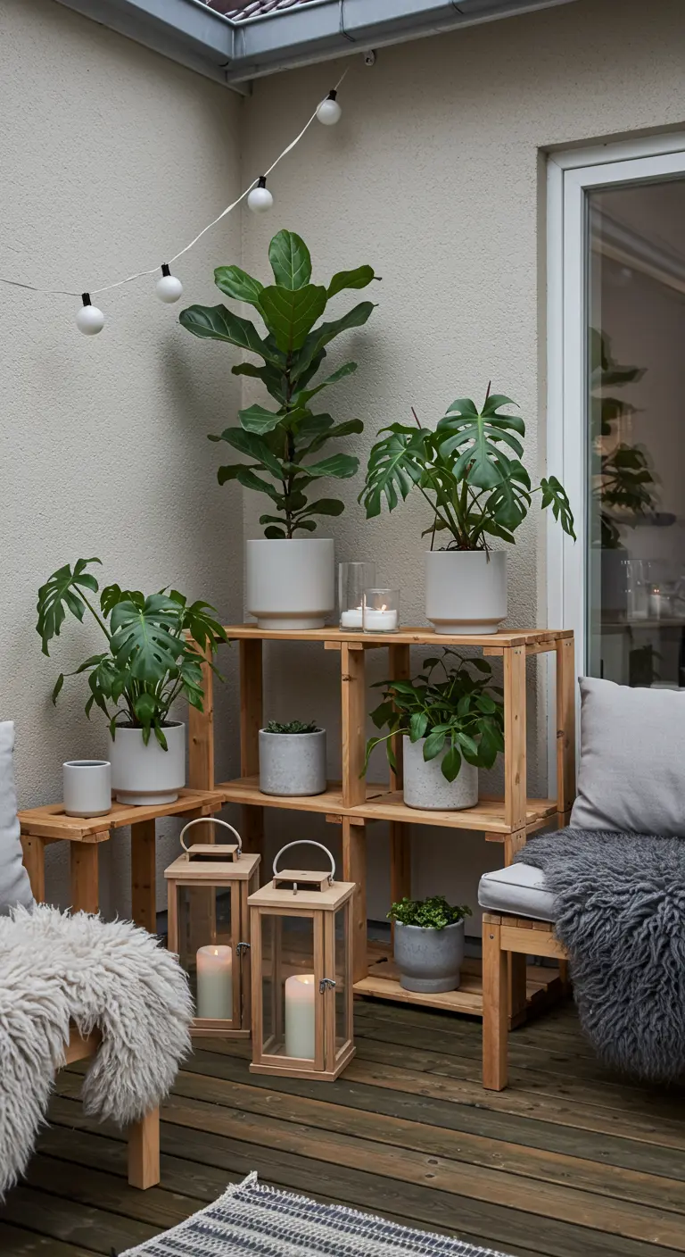 Estantería modular de cubos de madera clara con plantas de interior en macetas blancas y grises.