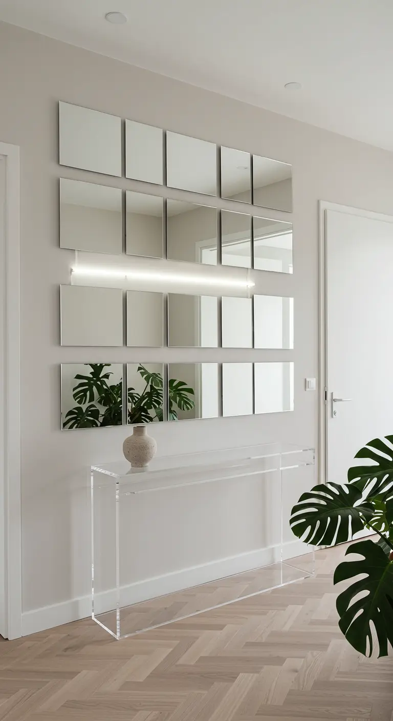 Pared de entrada con una composición de espejos cuadrados y una consola de acrílico transparente.