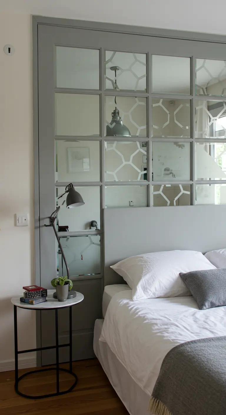 Cabecero de cama moderno hecho con una puerta de cristal y espejos con un patrón geométrico blanco.